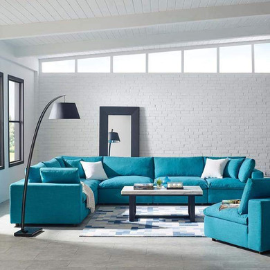 Crux Down Filled Overstuffed 6 Piece Arm Sectional Sofa, Teal