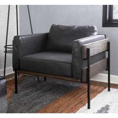 Carlo Brown Wood and Black Metal Accent Chair in Vegan Leather