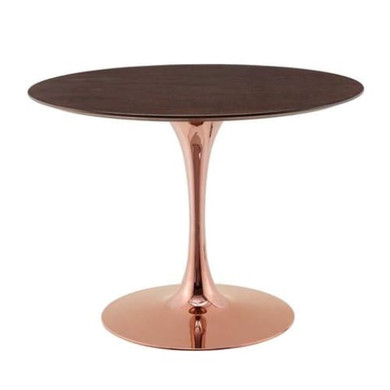 Pedestal Design 40" Round Cherry Walnut Wood Dining Table, Rose Gold Base