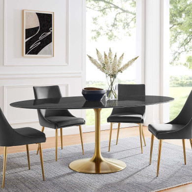 Pedestal Design 78" Oval Black Artificial Marble Dining Table, Brushed Gold