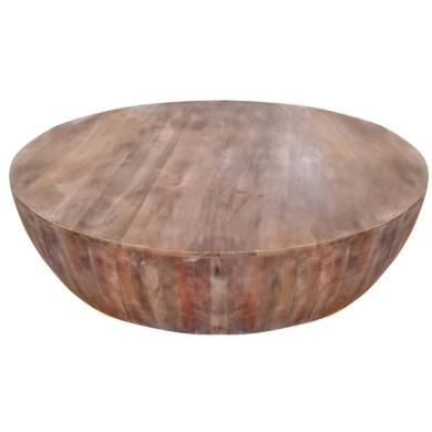 Handcarved Drum Shape Mango Wood Coffee Table, Distressed Brown