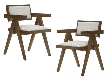 Jeanneret Dining Arm Chair, Walnut and Beige  Set of 2