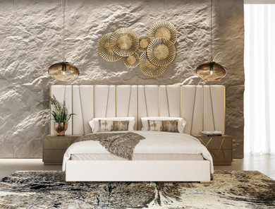 Nexera Beige Velvet and Brushed Bronze Bed