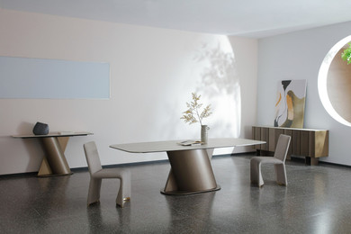 Kimo Modern Faux Travertine Ceramic + Bronze Dining Table