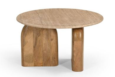 Kelly Travertine Marble and Wood Oval End Table