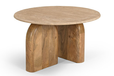 Kelly Travertine Marble and Wood Oval End Table