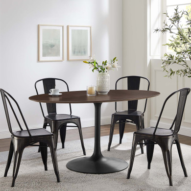 Pedestal Design 60" Oval Wood Dining Table Black Cherry Walnut, Black Base