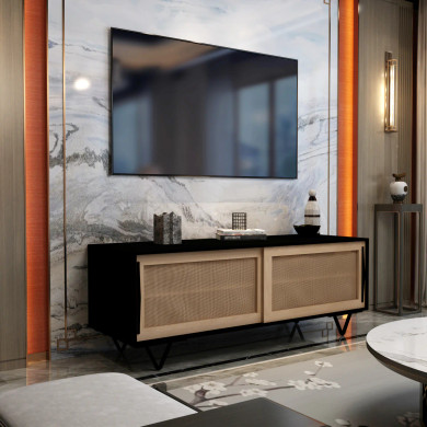 Navara 60-Inch TV Media Console with Rattan Sliding Doors