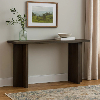 Oshae Console Sofa Table, Solid Wood T Shaped Legs, Dark Brown