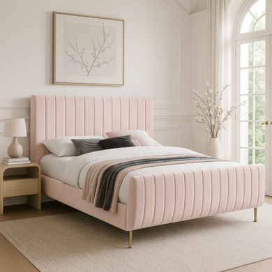 Luella Velvet Upholstered Queen Bed, Blush Pink