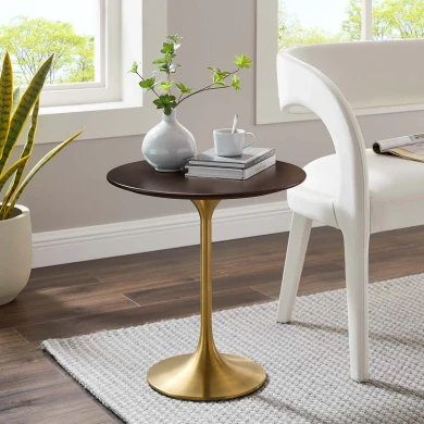 Pedestal Design 20" Cherry Wood with Gold Base Side Table