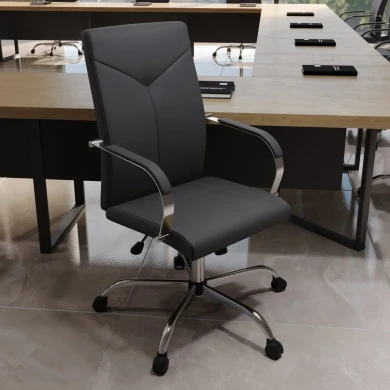 Silas High-Back Leather Office Chair in Chrome Steel Base, Black