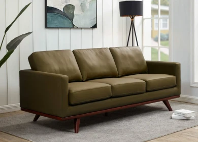 Chelsie 3-Seater Vegan Leather Full Size Sofa in Birch Wood Base, Olive Green