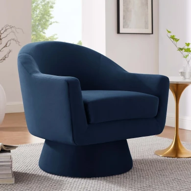 Anders Performance Velvet Fabric and Wood Swivel Chair, Midnight Blue Velvet