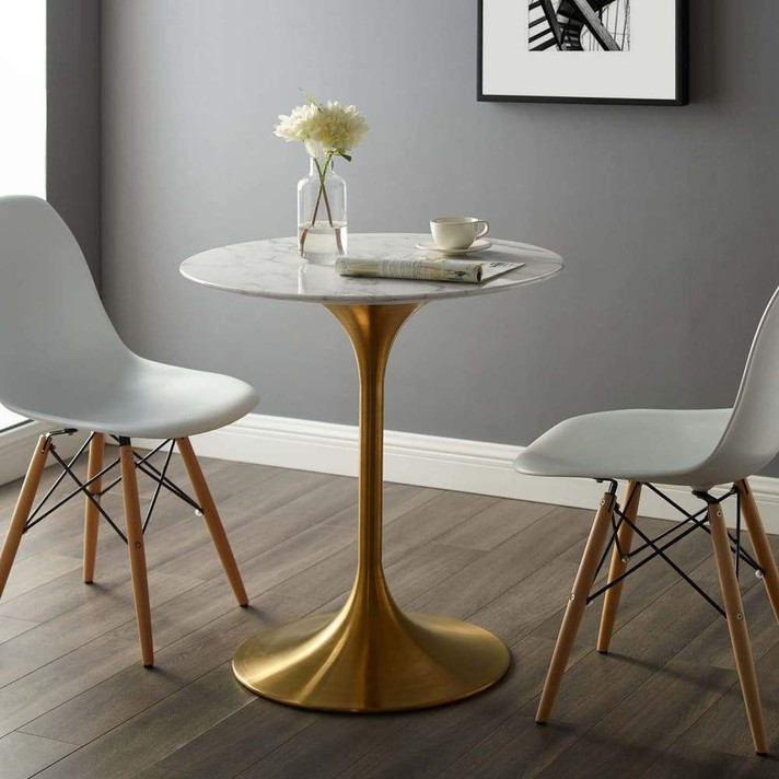 Pedestal Design 28" Round Dining Table Artificial Marble, Gold