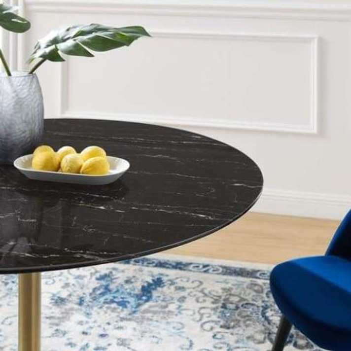 Pedestal Design 47" Round Black Artificial Marble Dining Table, Brushed Gold