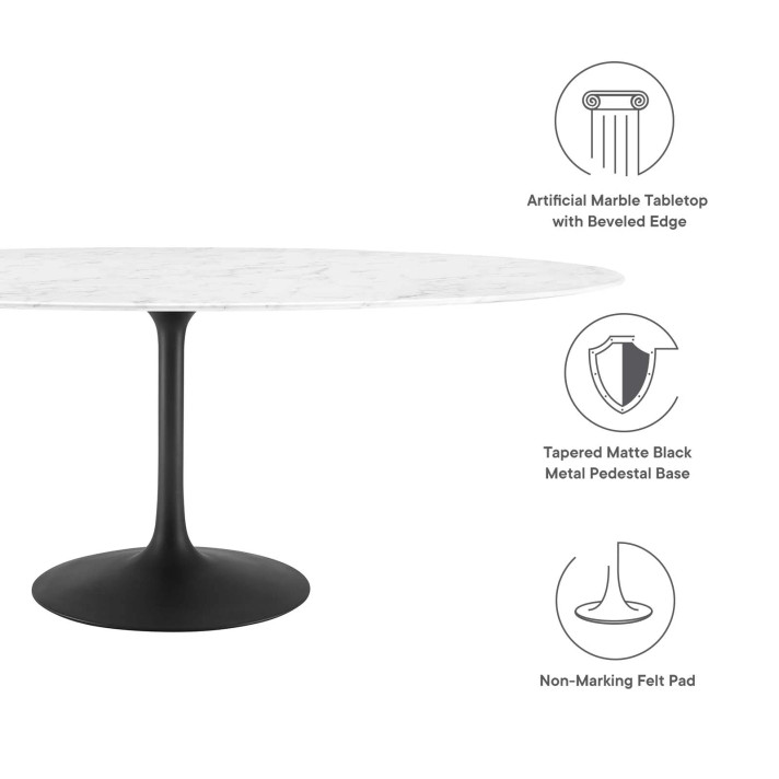 Pedestal Design 78” Oval Artificial Marble Dining Table, Black White