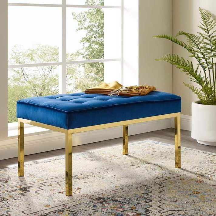 Loft Medium Gold Leg Velvet Bench, Navy