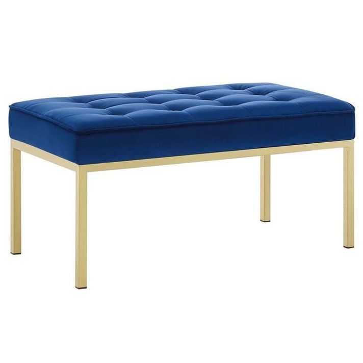 Loft Medium Gold Leg Velvet Bench, Navy