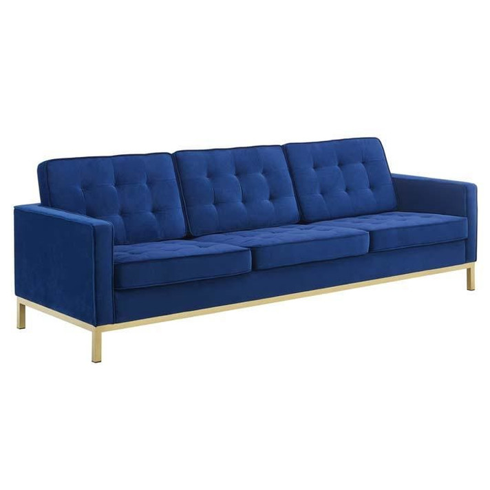 Loft Velvet Sofa, Gold Stainless Steel Legs, Navy Loft Velvet Sofa, Gold Stainless Steel Legs, Navy