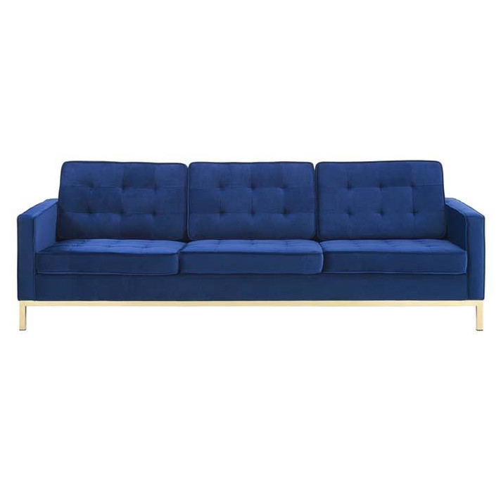 Loft Velvet Sofa, Gold Stainless Steel Legs, Navy