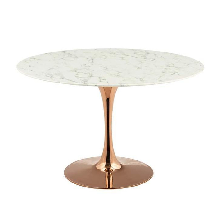 Pedestal Design 47” Round Artificial Marble Dining Table, Rose Gold