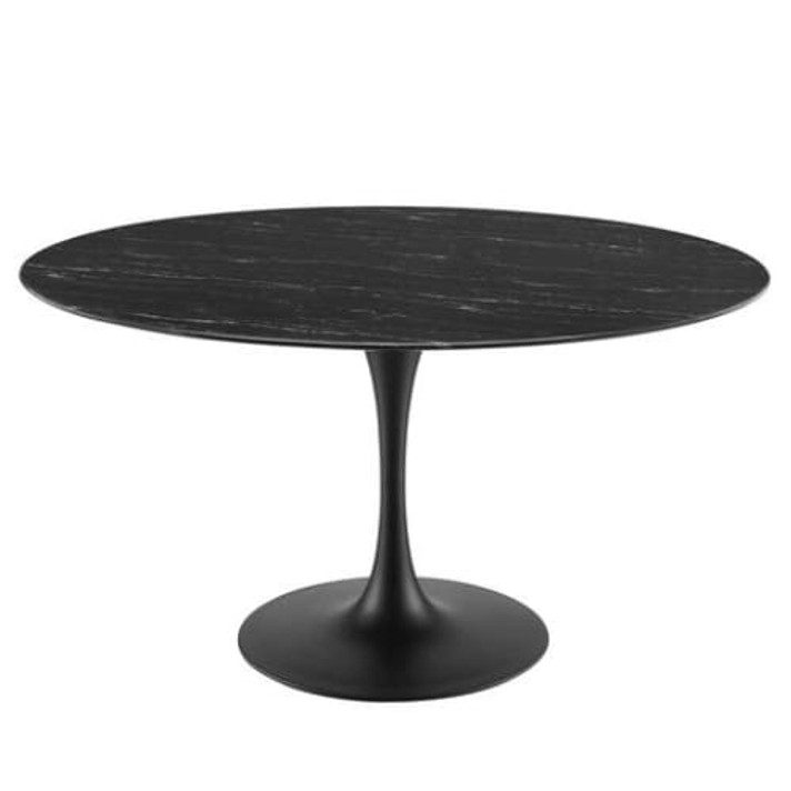 Pedestal Design 54” Round Black Artificial Marble Dining Table, Black Base