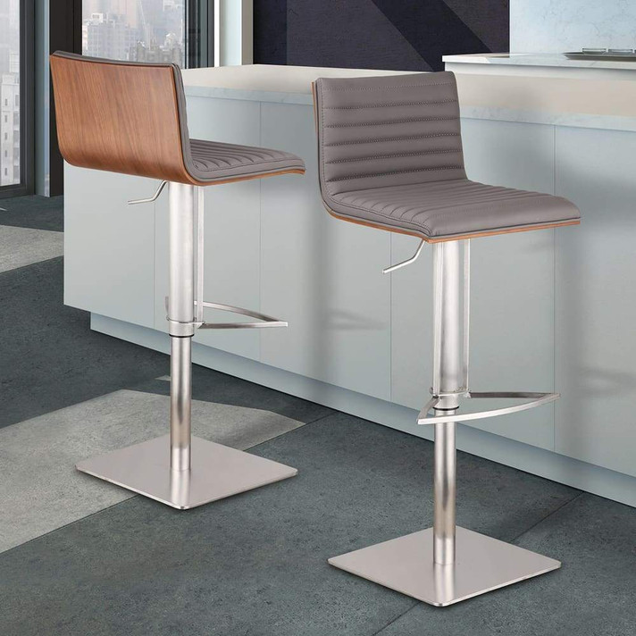 Cafe Adjustable Brushed Stainless Steel Barstool in Gray Faux Leather with Walnut Back