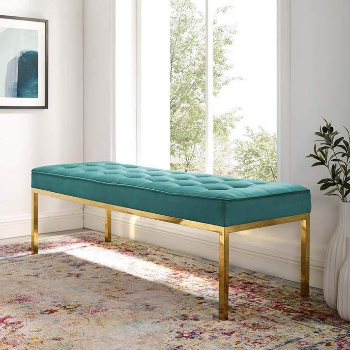 Loft Large Gold Leg Velvet Bench, Teal Loft Large Gold Leg Velvet Bench, Teal