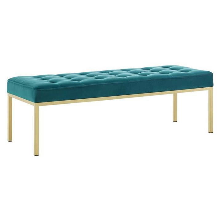 Loft Large Gold Leg Velvet Bench, Teal