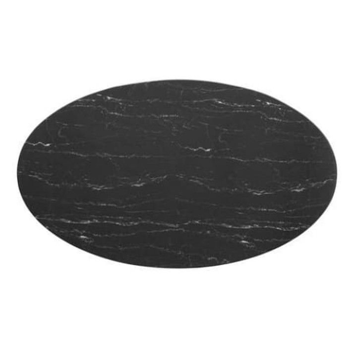 Pedestal Design 48” Oval Black Artificial Marble Dining Table, Black Base