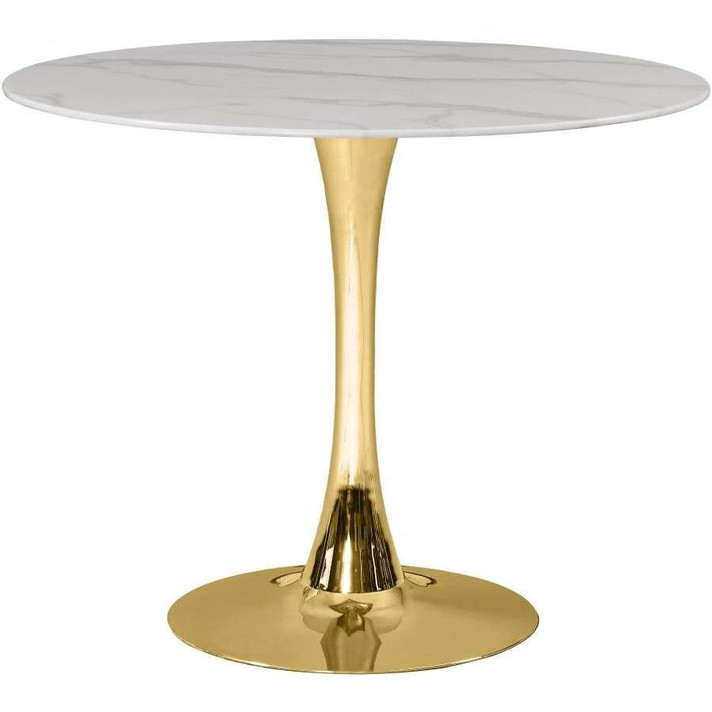 Pedestal Design 36" Glass Artificial Marble Dining Table, Gold Base