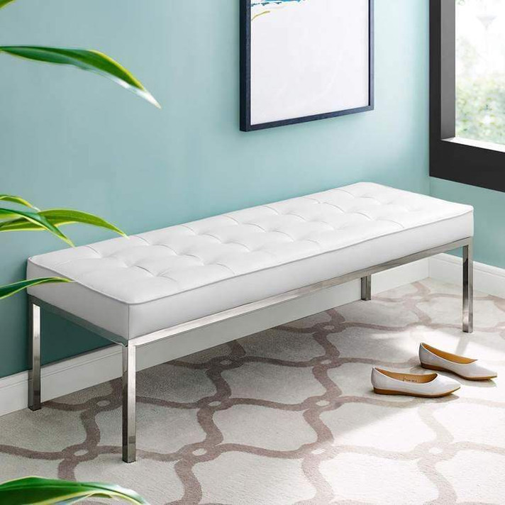 Loft Tufted Large Vegan Leather Bench, White Loft Tufted Large Vegan Leather Bench, White