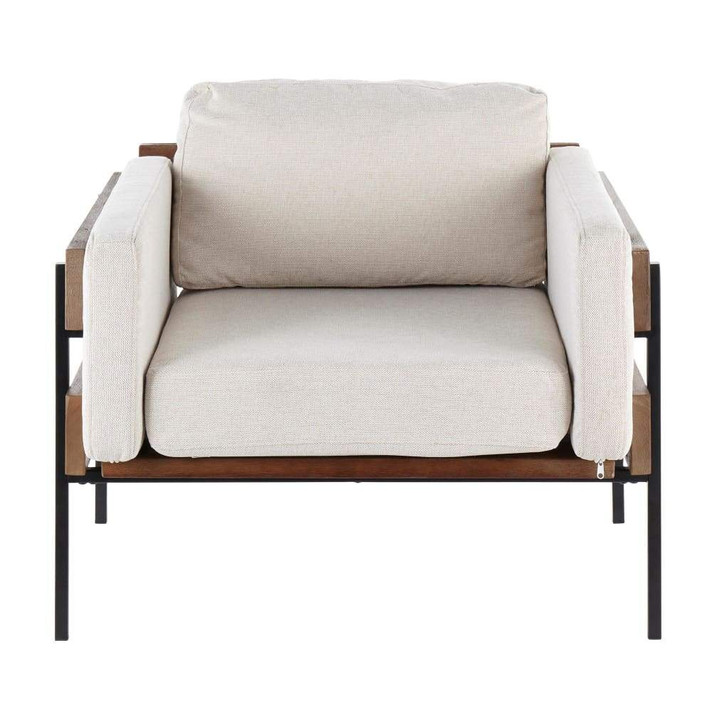 Carlo Brown Wood and Black Metal Accent Chair in Cream Fabric