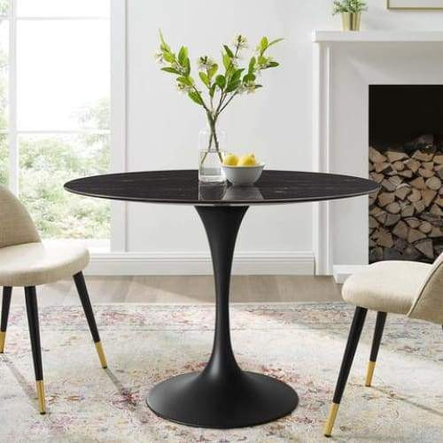 Pedestal Design 42" Oval Black Artificial Marble Dining Table, Black Base