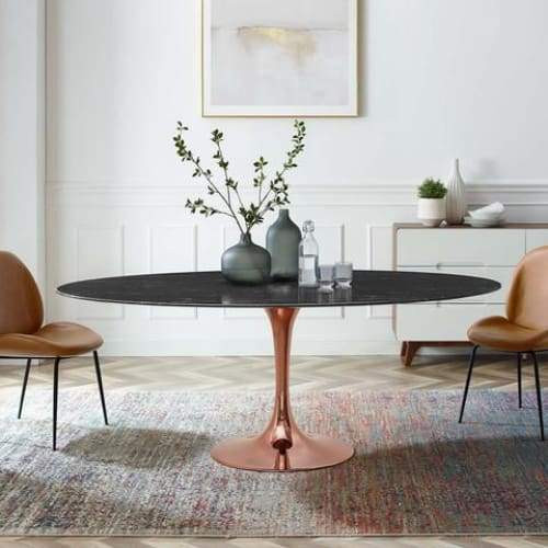 Pedestal Design 78" Oval Black Artificial Marble Dining Table, Rose Gold Base