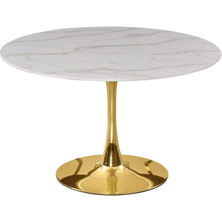 Pedestal Design 48" Glass Artificial Marble Dining Table, Gold Base