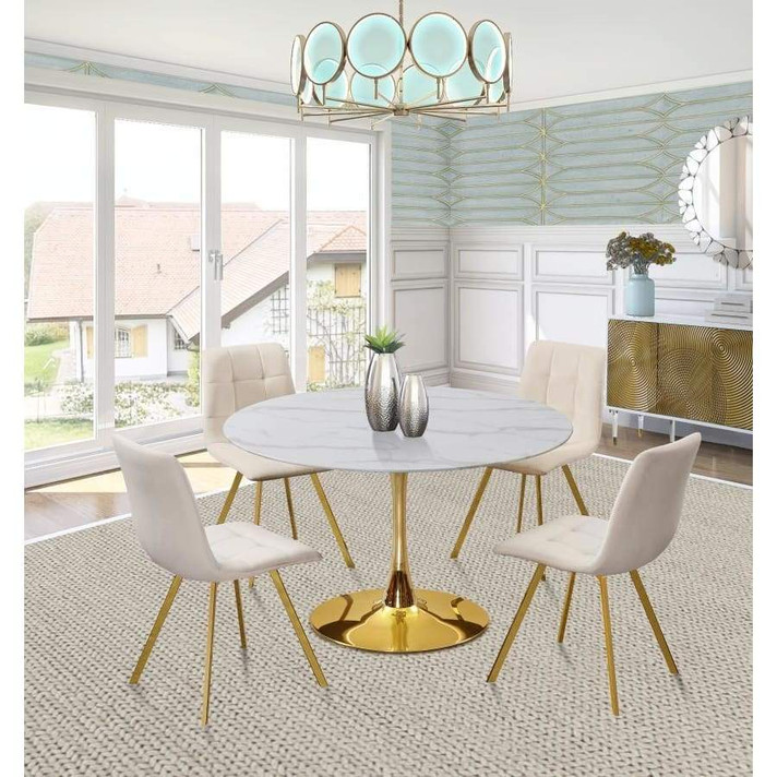 Pedestal Design 48" Glass Artificial Marble Dining Table, Gold Base