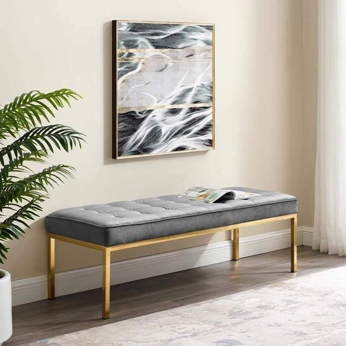 Loft Large Gold Leg Velvet Bench, Gray