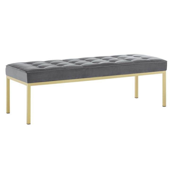 Loft Large Gold Leg Velvet Bench, Gray Loft Large Gold Leg Velvet Bench, Gray
