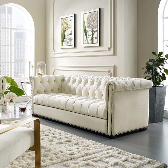 Heritage Upholstered Velvet Sofa, Ivory