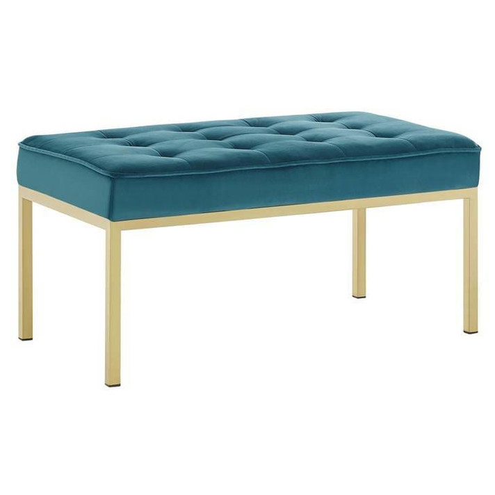 Loft Medium Gold Leg Velvet Bench, Teal