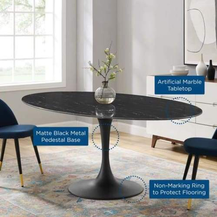 Pedestal Design 78" Oval Black Artificial Marble Dining Table, Black Base