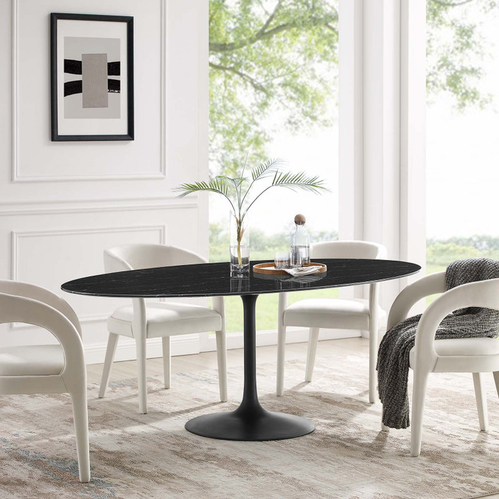 Pedestal Design 78" Oval Black Artificial Marble Dining Table, Black Base
