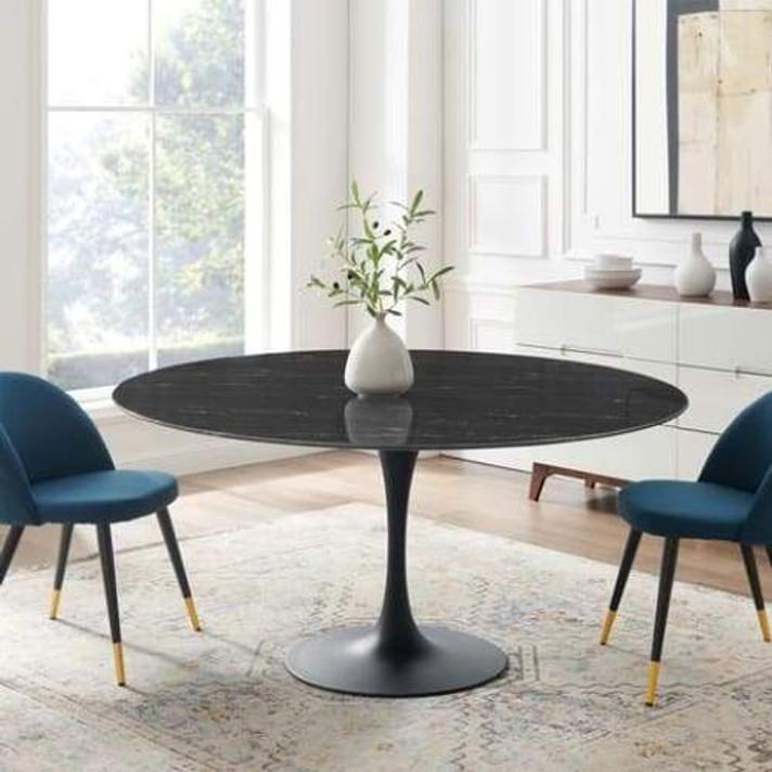 Pedestal Design 60” Round Black Artificial Marble Dining Table, Black Base