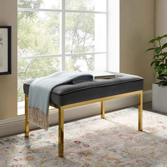 Loft Medium Gold Leg Velvet Bench, Gray Loft Medium Gold Leg Velvet Bench, Gray
