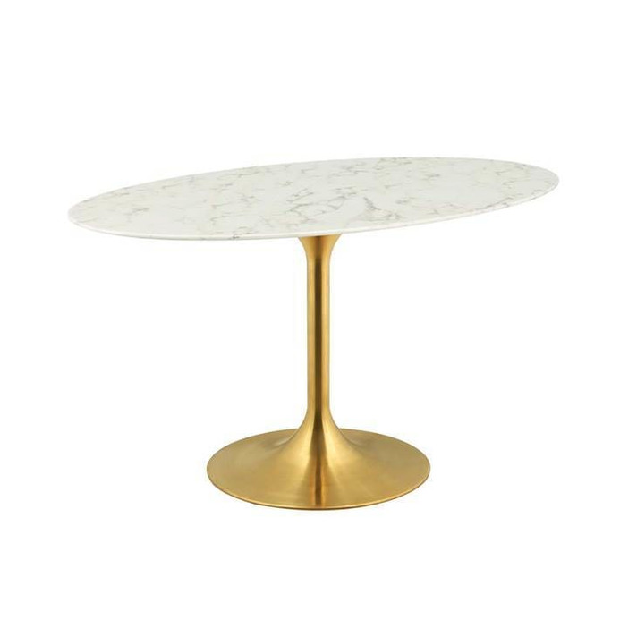 Pedestal Design 54" Oval Artificial Marble Dining Table, Gold