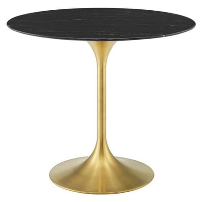 Pedestal Design 36" Round Black Artificial Marble Dining Table, Brushed Gold