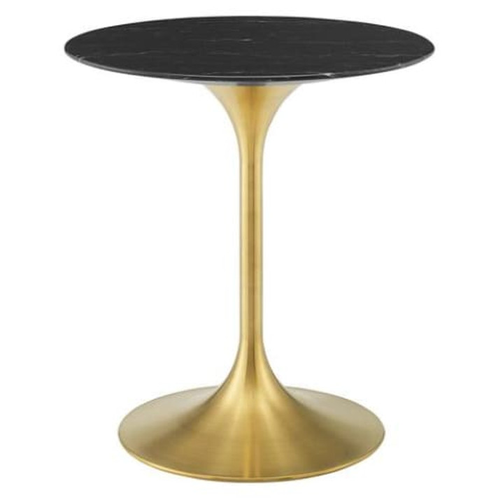 Pedestal Design 28” Round Black Artificial Marble Dining Table, Brushed Gold