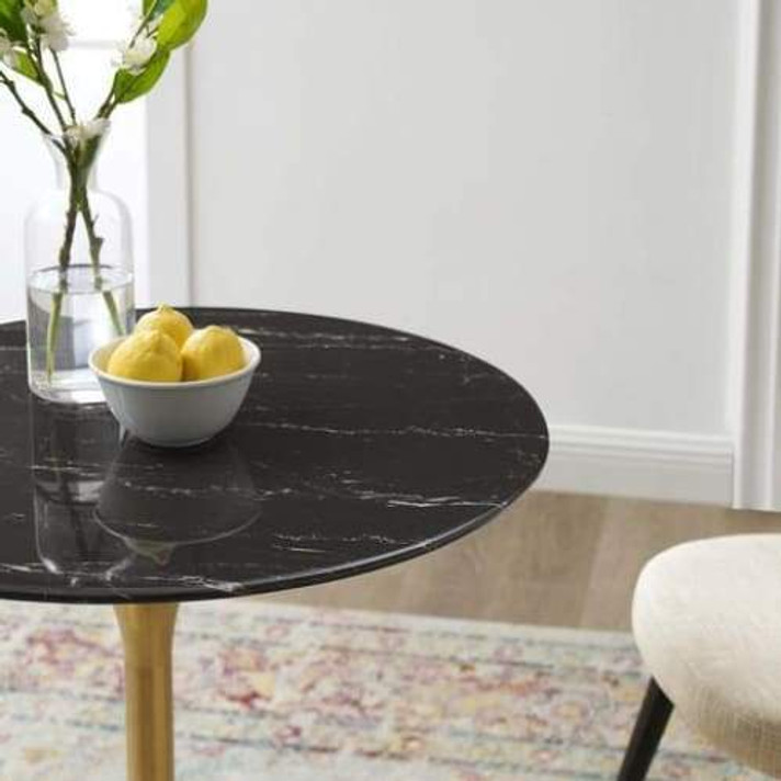 Pedestal Design 28” Round Black Artificial Marble Dining Table, Brushed Gold